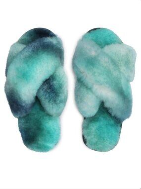 EMU Australia Mayberry Tie Dye Sheepskin Crossover Slippers Green Sea Size 7